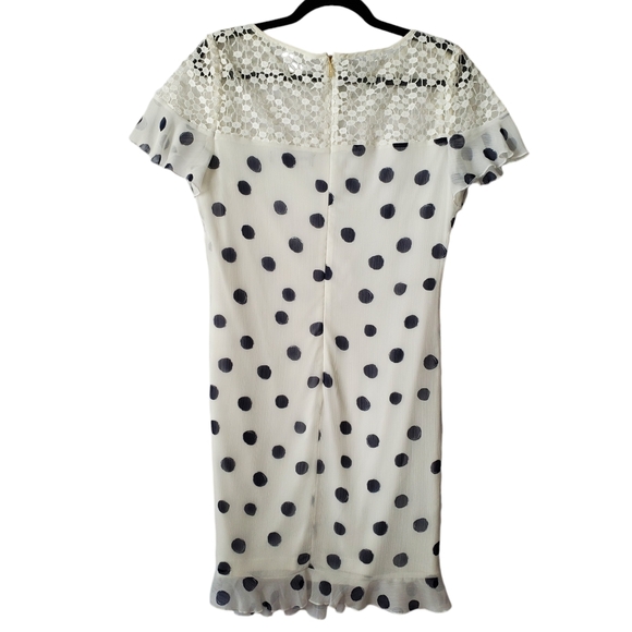 Karl Lagerfeld Paris Dress Womens‎ 10 Sheath Ivory Navy Polka Dot Lace Ruffle - Picture 2 of 16